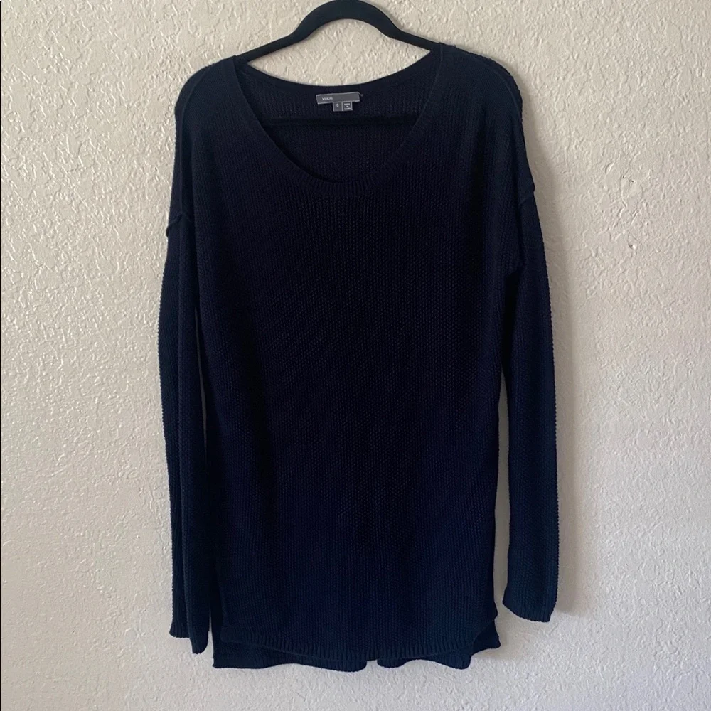 Vince Cotton Cashmere Blend Sweater Size S Navy Blue Crew Neck Relaxed Fit Chic